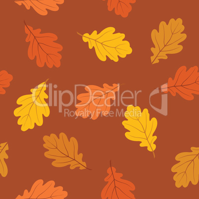 Autumn leaves seamless pattern. Fall nature oak leaf over brown background.