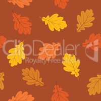 Autumn leaves seamless pattern. Fall nature oak leaf over brown background.
