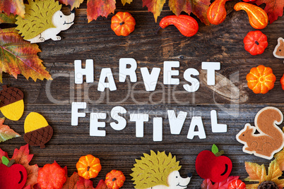 Colorful Autumn Decoration, Text Harvest Festival, Wooden Background