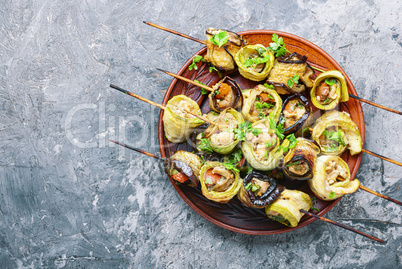 Eggplant with meat on skewers