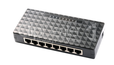 black 8 Port Plastic Ethernet Switch isolated on white backgroun