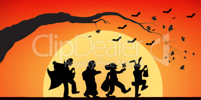 Mystical figures and bats on a Halloween evening