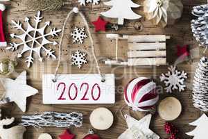 Rustic Christmas Flat Lay, Text 2020, Wooden Background