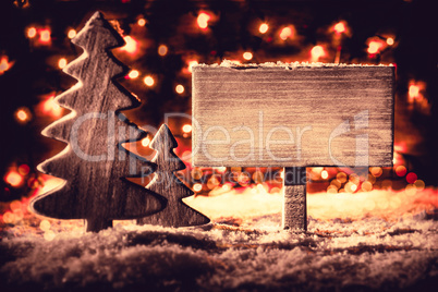 Sign, Christmas Tree, Snow, Copy Space, Retro Look