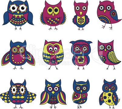 Set of twelve funny owls with various patterns