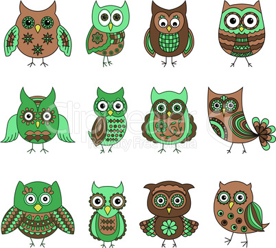 Set of twelve funny cartoon owls with various patterns