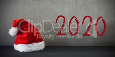 Red Santa Hat, Text 2020, Grey Crunchy Background