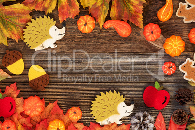 Bright Colorful Autumn Decoration, Copy Space, Wooden Background