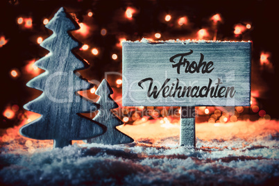 Tree, Sign, Snow, Calligraphy Frohe Weihnachten Means Merry Christmas