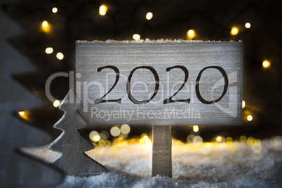 White Christmas Tree, Text 2020, Snowy Background, Lights