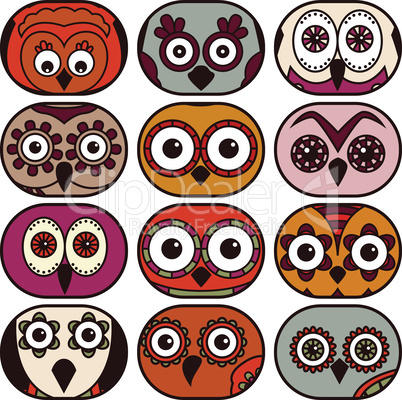 Twelve cute owl faces in oval shapes