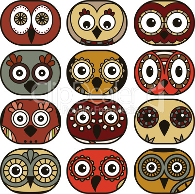 Twelve funny owl faces in oval shapes