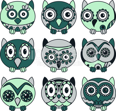 Nine funny oval owls