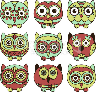Nine funny oval owls in muted colors