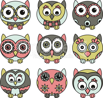 Nine funny owls in oval shapes