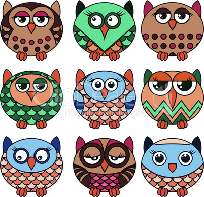Nine funny oval owls in various colors