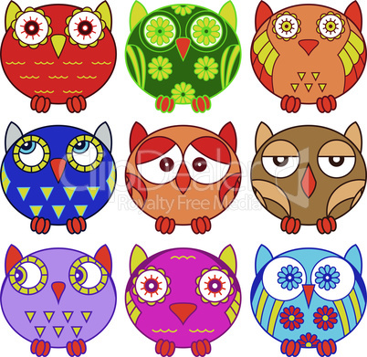 Nine funny owls in oval forms