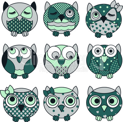 Nine funny oval owls in dark colors