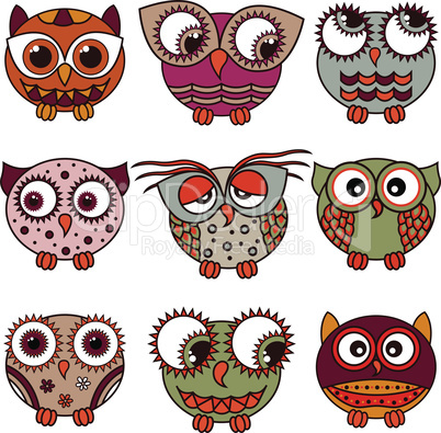 Set of nine funny owls in oval shapes
