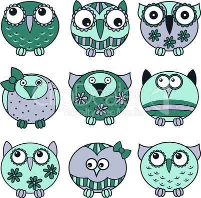 Set of nine funny oval owls in various colors