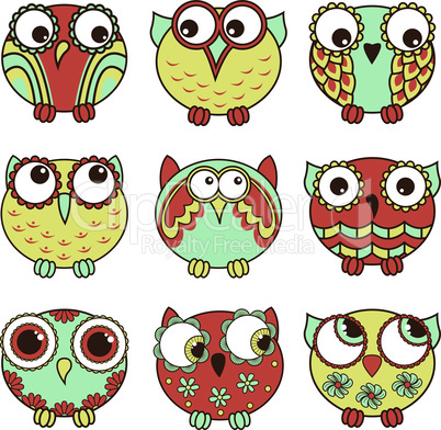 Set of nine funny various oval owls