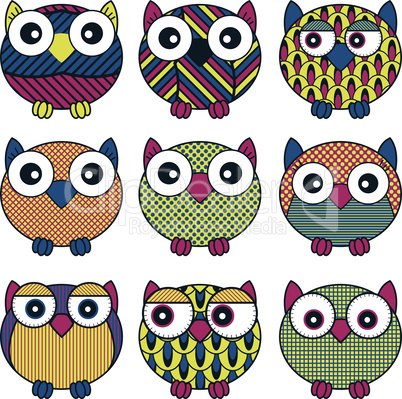 Set of nine funny and cute various oval owls