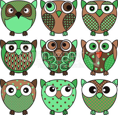 Set of nine funny oval owls in dark colors