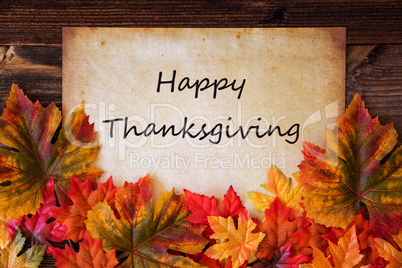 Old Paper With Text Happy Thanksgiving, Colorful Leaves Decoration