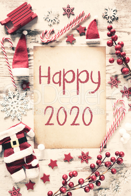 Nostalgic Christmas Flat Lay, Vertical Paper, Text Happy 2020
