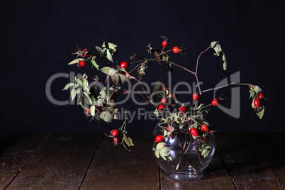 Glass vase with red rosehip stands on the table