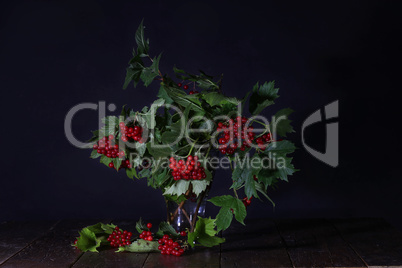 Branches of red viburnum in a glass vase stand on a table