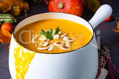 Pumpkin cream soup with roasted pumpkin seeds and seed oil