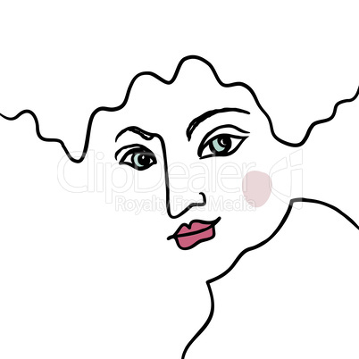 Abstract line art face in1960s drawing style. Art design element. Ceative avatar. Modern line art asian type person portrait with original hairstyle.