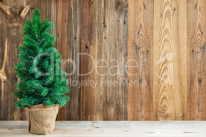 Wooden Brown Background, Christmas Tree, Copy Space