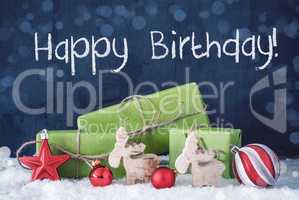 Green Christmas Gifts, Snow, Decoration, Text Happy Birthday