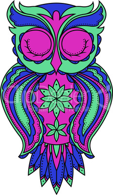 Amusing owl in turquoise, blue and pink colors