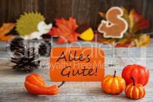 Label With Autumn Decoration, Alles Gute Means Best Wishes