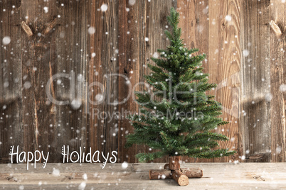 One Christmas Tree, Calligraphy Happy Holidays, Snow, Wooden Background