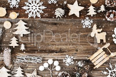Wooden Background. Frame Of Christmas Decoration Like Fir Cone And Snowflakes