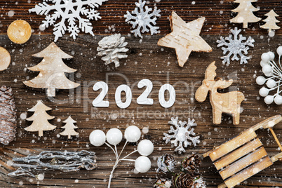 Rustic Wooden Christmas Decoration, 2020, Tree, Fir Cone And Sled, Snowflakes