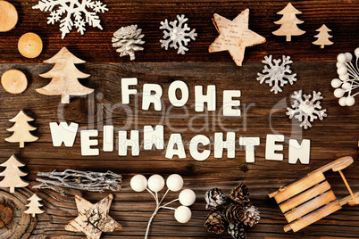 Decoration, Frohe Weihnachten Means Merry Christmas, Tree And Sled