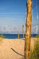 Baltic Sea in Poland, beach with beach grass and table
