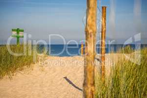 Baltic Sea in Poland, beach with beach grass and table