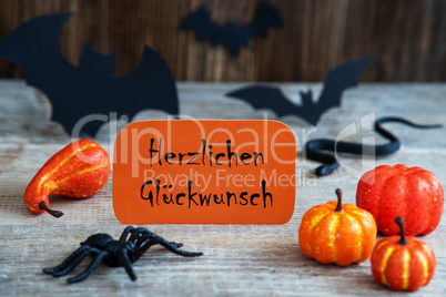 Orange Label, Glueckwunsch Means Congratulations, Scary Halloween Decoration