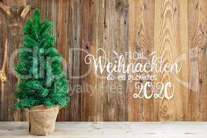 Wooden Background, Tree, Calligraphy Frohe Weihnachten Means Merry Christmas