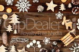 Wooden Background. Frame Of Christmas Decoration Sled And Tree