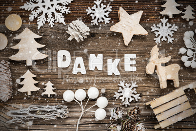 Christmas Decoration, Danke Means Thank You, Tree And Sled, Snowflakes