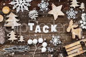 Wooden Christmas Decoration, Tack Means Thank You, Tree And Sled, Snowflakes