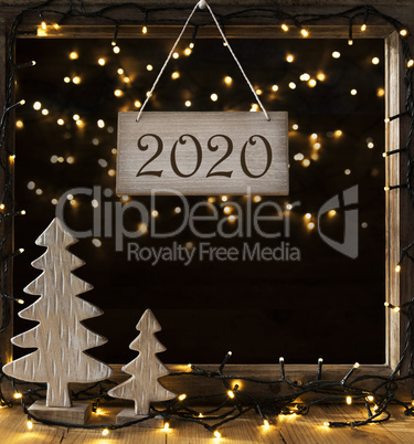 Window, Fairy Lights In Night, Text 2020, Christmas Tree