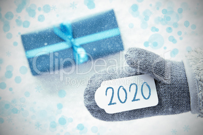 Turquoise Gift, Glove, Label With Text 2020, Snowflakes
